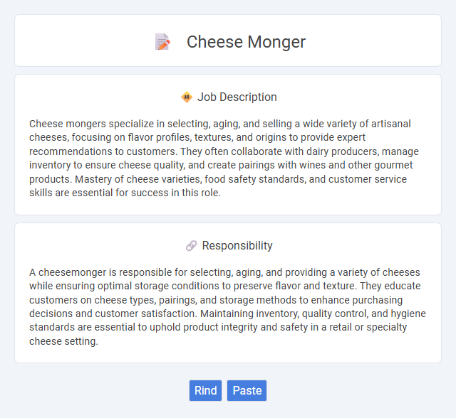 Cheese Monger Job Description and Career Detail